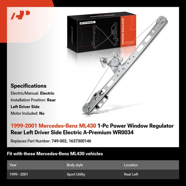 1999-2001 Mercedes-Benz ML430 1-Pc Power Window Regulator Rear Left Driver Side Electric A-Premium WR0034