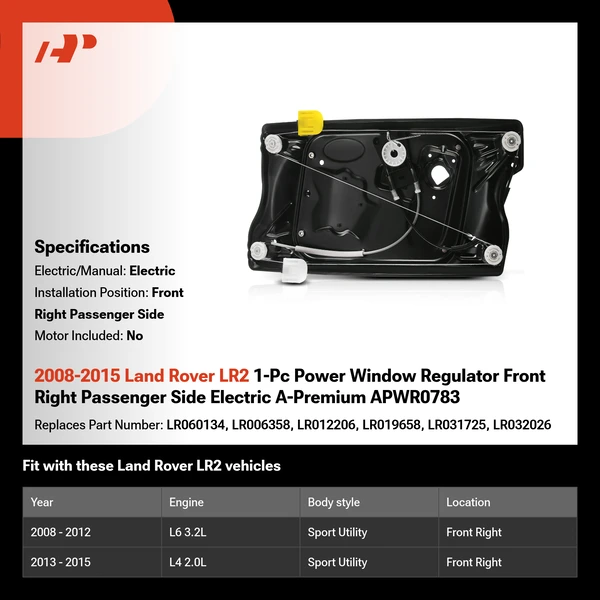 2008-2015 Land Rover LR2 1-Pc Power Window Regulator Front Right Passenger Side Electric A-Premium APWR0783