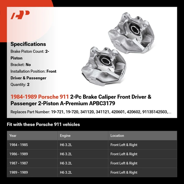 1984-1989 Porsche 911 2-Pc Brake Caliper Front Driver & Passenger 2-Piston A-Premium APBC3179