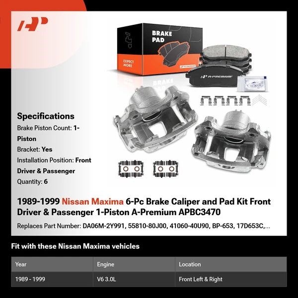 1989-1999 Nissan Maxima 6-Pc Brake Caliper and Pad Kit Front Driver & Passenger 1-Piston A-Premium APBC3470