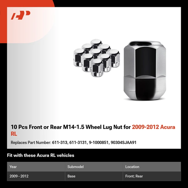 10 Pcs Front or Rear M14-1.5 Wheel Lug Nut for 2009-2012 Acura RL