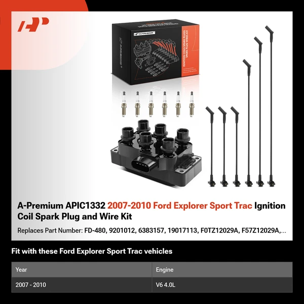 A-Premium APIC1332 2007-2010 Ford Explorer Sport Trac Ignition Coil Spark Plug and Wire Kit