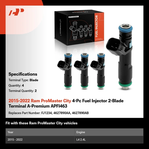 2015-2022 Ram ProMaster City 4-Pc Fuel Injector 2-Blade Terminal A-Premium APFI463