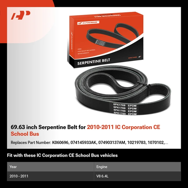 69.63 inch Serpentine Belt for 2010-2011 IC Corporation CE School Bus