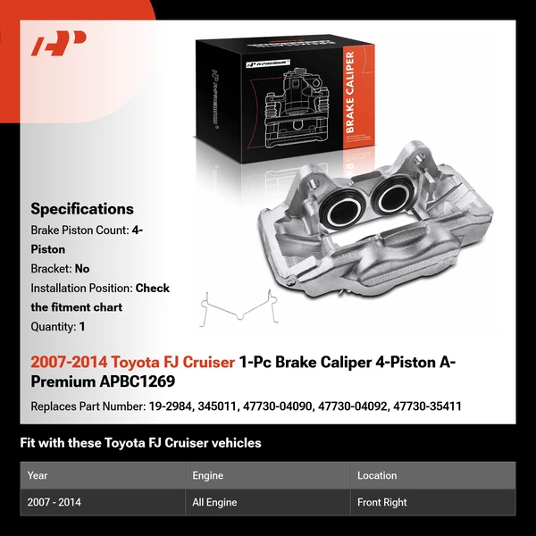 2007-2014 Toyota FJ Cruiser 1-Pc Brake Caliper 4-Piston A-Premium APBC1269