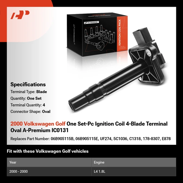 2000 Volkswagen Golf One Set-Pc Ignition Coil 4-Blade Terminal Oval A-Premium IC0131