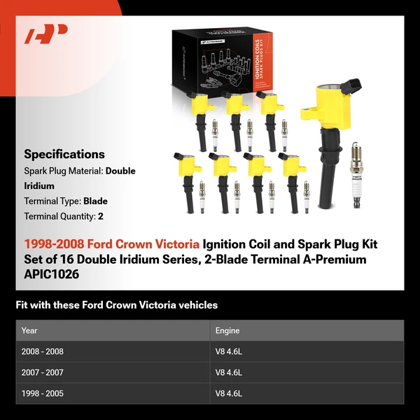 1998-2008 Ford Crown Victoria Ignition Coil and Spark Plug Kit Set of 16 Double Iridium Series, 2-Blade Terminal A-Premium APIC1026