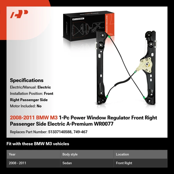 2008-2011 BMW M3 1-Pc Power Window Regulator Front Right Passenger Side Electric A-Premium WR0077