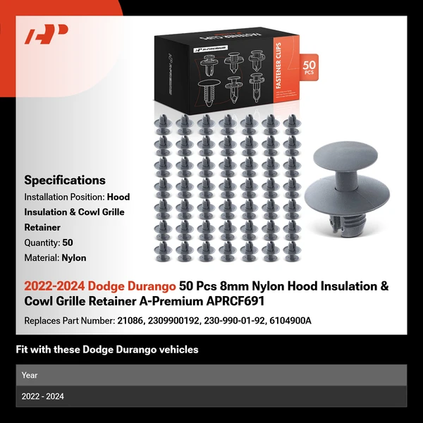 2022-2024 Dodge Durango 50 Pcs 8mm Nylon Hood Insulation & Cowl Grille Retainer A-Premium APRCF691