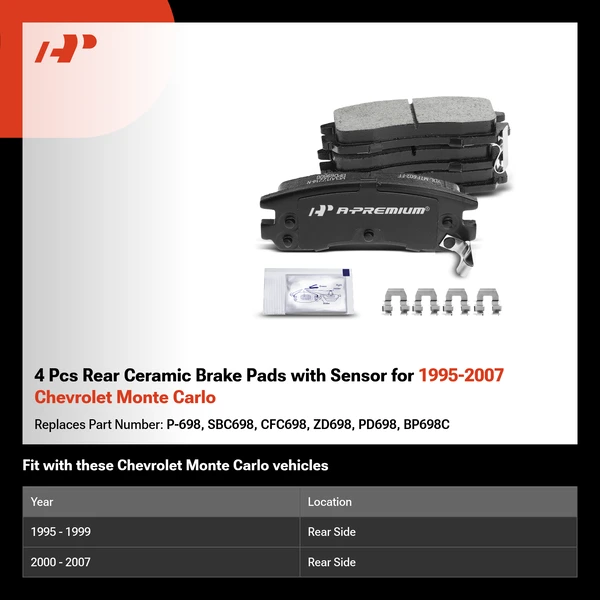 4 Pcs Rear Ceramic Brake Pads with Sensor for 1995-2007 Chevrolet Monte Carlo