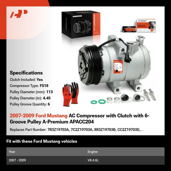2007-2009 Ford Mustang AC Compressor with Clutch with 6-Groove Pulley A-Premium APACC204