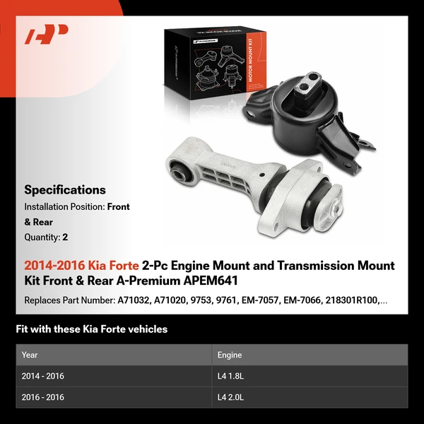 2014-2016 Kia Forte 2-Pc Engine Mount and Transmission Mount Kit Front & Rear A-Premium APEM641