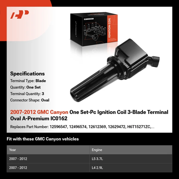 2007-2012 GMC Canyon One Set-Pc Ignition Coil 3-Blade Terminal Oval A-Premium IC0162