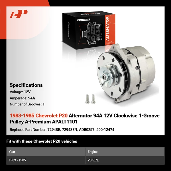 1983-1985 Chevrolet P20 Alternator 94A 12V Clockwise 1-Groove Pulley A-Premium APALT1101