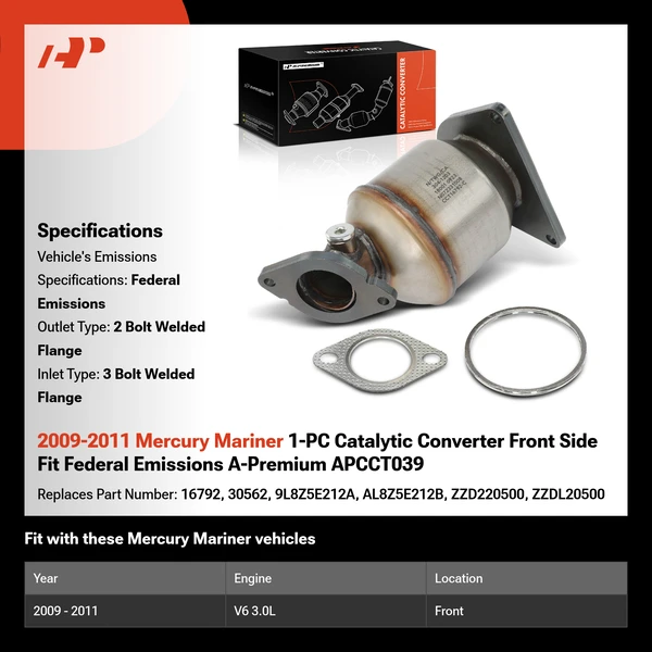 2009-2011 Mercury Mariner 1-PC Catalytic Converter Front Side Fit Federal Emissions A-Premium APCCT039