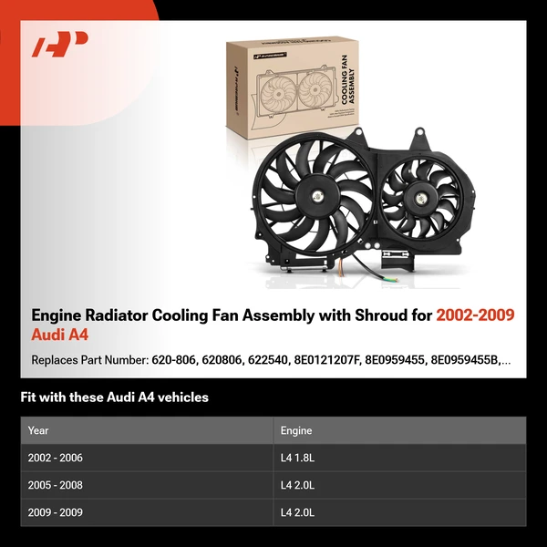 Engine Radiator Cooling Fan Assembly with Shroud for 2002-2009 Audi A4