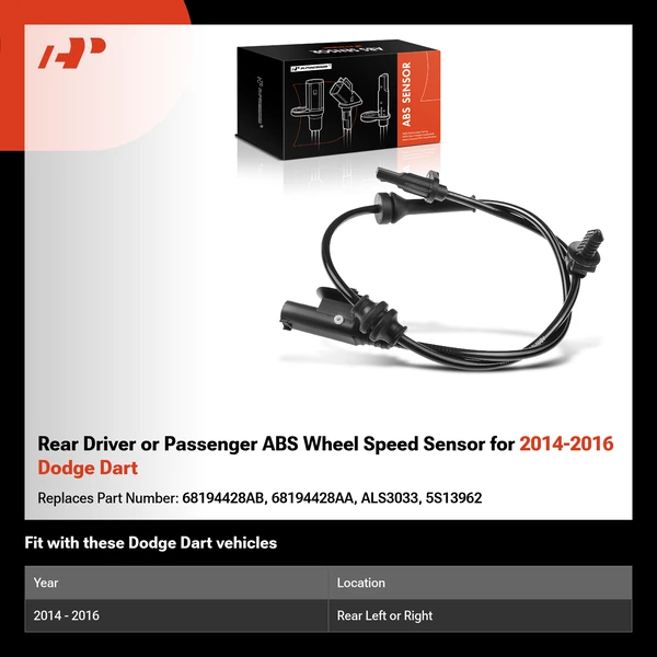 Rear Driver or Passenger ABS Wheel Speed Sensor for 2014-2016 Dodge Dart