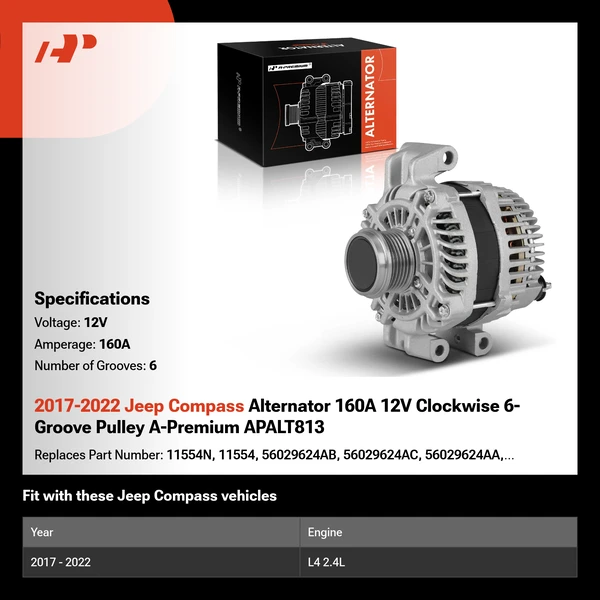 2017-2022 Jeep Compass Alternator 160A 12V Clockwise 6-Groove Pulley A-Premium APALT813
