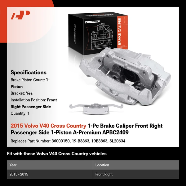 2015 Volvo V40 Cross Country 1-Pc Brake Caliper Front Right Passenger Side 1-Piston A-Premium APBC2409