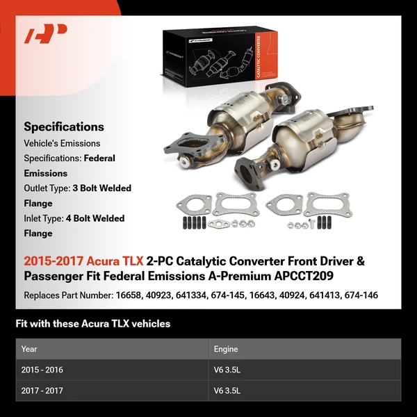 2015-2017 Acura TLX 2-PC Catalytic Converter Front Driver & Passenger Fit Federal Emissions A-Premium APCCT209