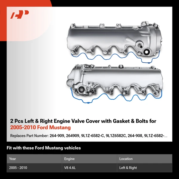 2 Pcs Left & Right Engine Valve Cover with Gasket & Bolts for 2005-2010 Ford Mustang