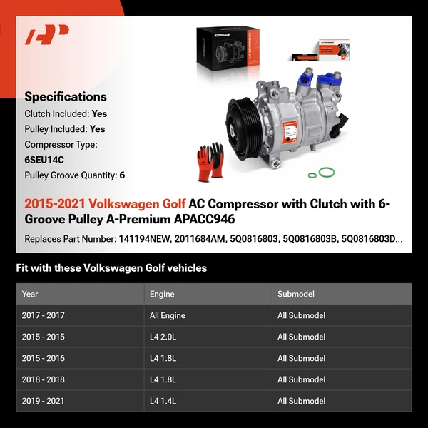 2015-2021 Volkswagen Golf AC Compressor with Clutch with 6-Groove Pulley A-Premium APACC946