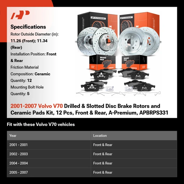 2001-2007 Volvo V70 Drilled & Slotted Disc Brake Rotors and Ceramic Pads Kit, 12 Pcs, Front & Rear, A-Premium, APBRPS331