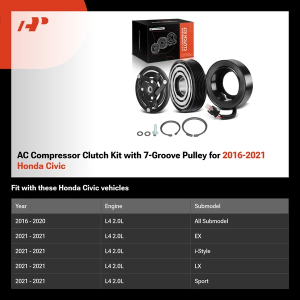 AC Compressor Clutch Kit with 7-Groove Pulley for 2016-2021 Honda Civic