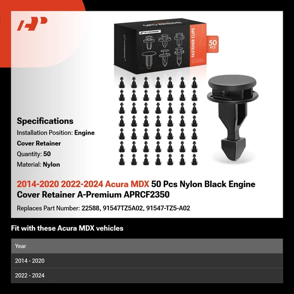 2014-2020 2022-2024 Acura MDX 50 Pcs Nylon Black Engine Cover Retainer A-Premium APRCF2350