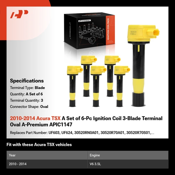 2010-2014 Acura TSX A Set of 6-Pc Ignition Coil 3-Blade Terminal Oval A-Premium APIC1147