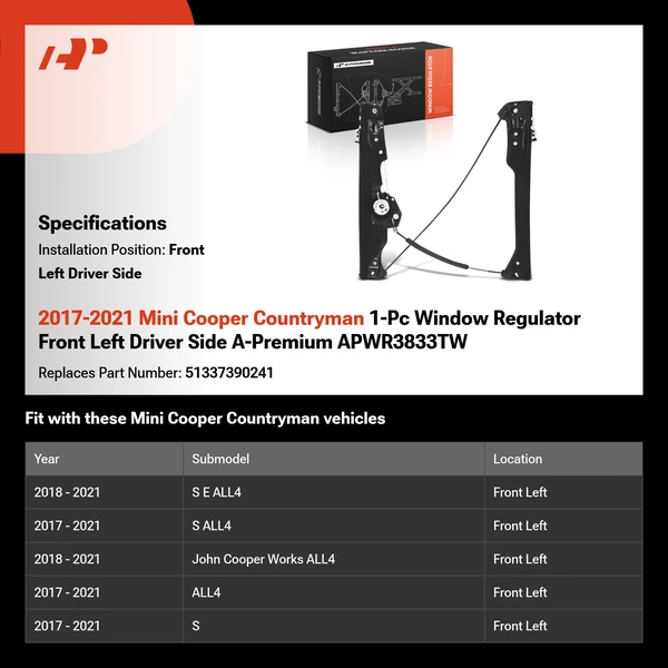 2017-2021 Mini Cooper Countryman 1-Pc Window Regulator Front Left Driver Side A-Premium APWR3833TW