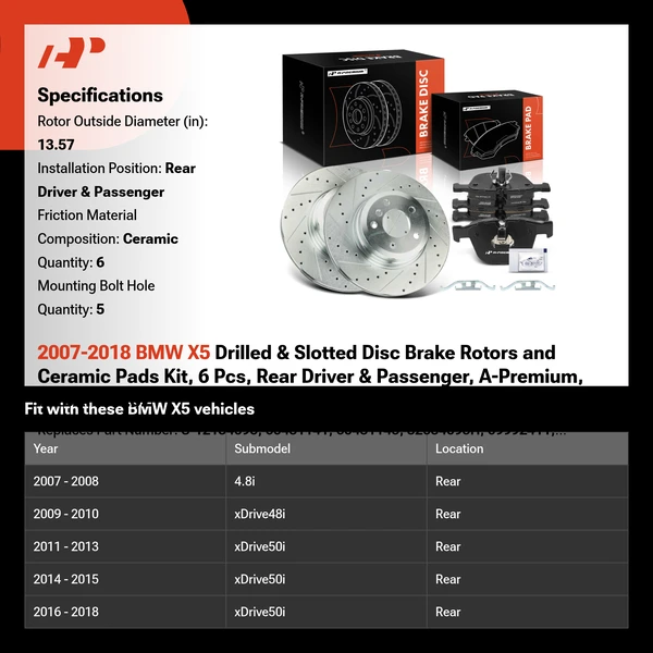 2007-2018 BMW X5 Drilled & Slotted Disc Brake Rotors and Ceramic Pads Kit, 6 Pcs, Rear Driver & Passenger, A-Premium, APBRPS1232