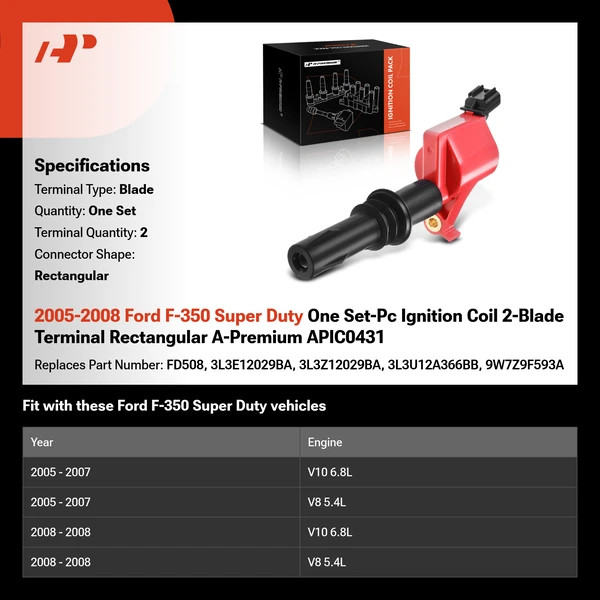 2005-2008 Ford F-350 Super Duty One Set-Pc Ignition Coil 2-Blade Terminal Rectangular A-Premium APIC0431