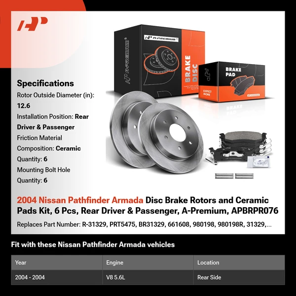 2004 Nissan Pathfinder Armada Disc Brake Rotors and Ceramic Pads Kit, 6 Pcs, Rear Driver & Passenger, A-Premium, APBRPR076