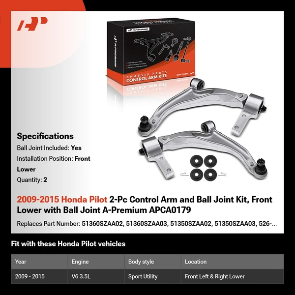 2009-2015 Honda Pilot 2-Pc Control Arm and Ball Joint Kit, Front Lower with Ball Joint A-Premium APCA0179