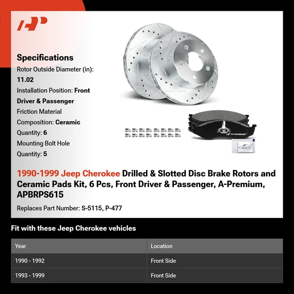 1990-1999 Jeep Cherokee Drilled & Slotted Disc Brake Rotors and Ceramic Pads Kit, 6 Pcs, Front Driver & Passenger, A-Premium, APBRPS615