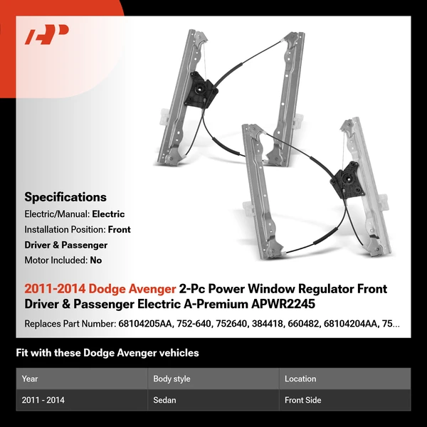 2011-2014 Dodge Avenger 2-Pc Power Window Regulator Front Driver & Passenger Electric A-Premium APWR2245