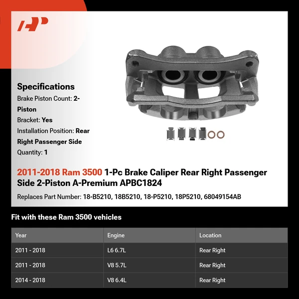 2011-2018 Ram 3500 1-Pc Brake Caliper Rear Right Passenger Side 2-Piston A-Premium APBC1824