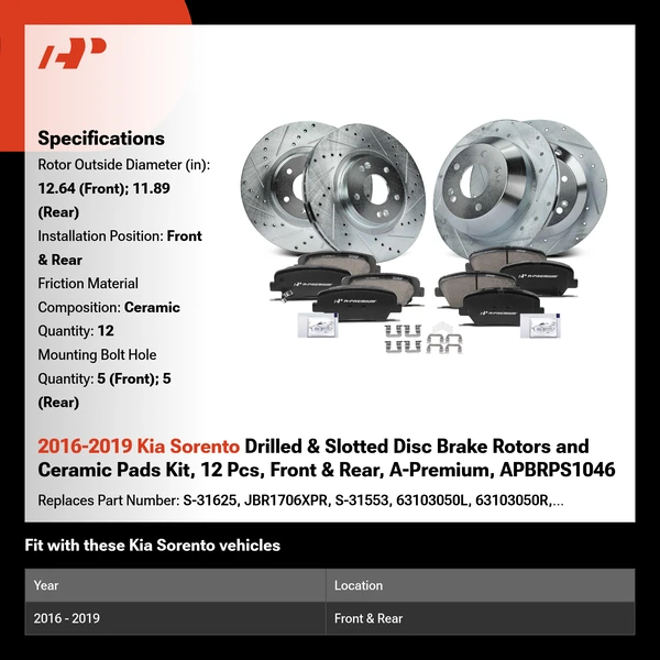 2016-2019 Kia Sorento Drilled & Slotted Disc Brake Rotors and Ceramic Pads Kit, 12 Pcs, Front & Rear, A-Premium, APBRPS1046