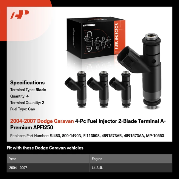 2004-2007 Dodge Caravan 4-Pc Fuel Injector 2-Blade Terminal A-Premium APFI250