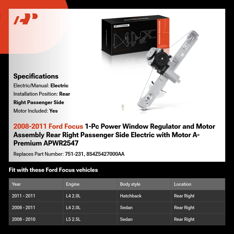 2008-2011 Ford Focus 1-Pc Power Window Regulator and Motor Assembly Rear Right Passenger Side Electric with Motor A-Premium APWR2547
