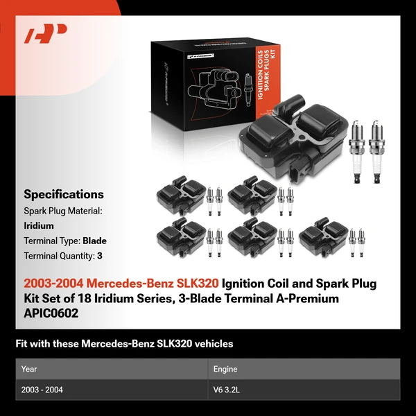 2003-2004 Mercedes-Benz SLK320 Ignition Coil and Spark Plug Kit Set of 18 Iridium Series, 3-Blade Terminal A-Premium APIC0602