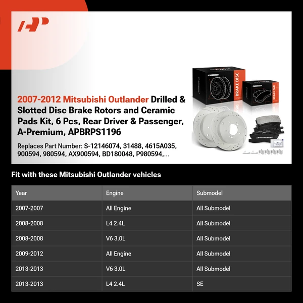 2007-2012 Mitsubishi Outlander Drilled & Slotted Disc Brake Rotors and Ceramic Pads Kit, 6 Pcs, Rear Driver & Passenger, A-Premium, APBRPS1196
