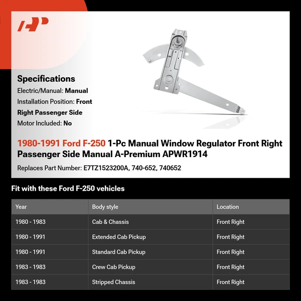 1980-1991 Ford F-250 1-Pc Manual Window Regulator Front Right Passenger Side Manual A-Premium APWR1914