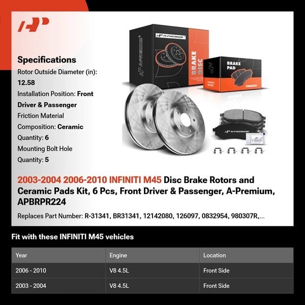2003-2004 2006-2010 INFINITI M45 Disc Brake Rotors and Ceramic Pads Kit, 6 Pcs, Front Driver & Passenger, A-Premium, APBRPR224