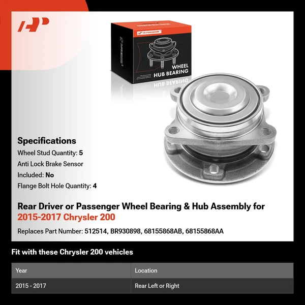 Rear Driver or Passenger Wheel Bearing & Hub Assembly for 2015-2017 Chrysler 200