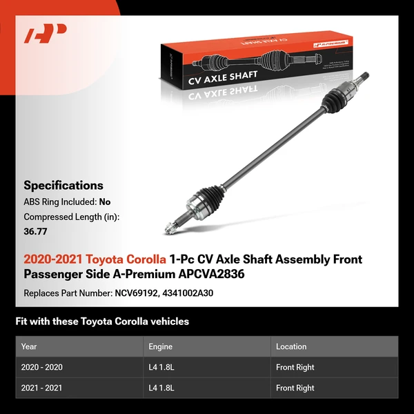 2020-2021 Toyota Corolla 1-Pc CV Axle Shaft Assembly Front Passenger Side A-Premium APCVA2836