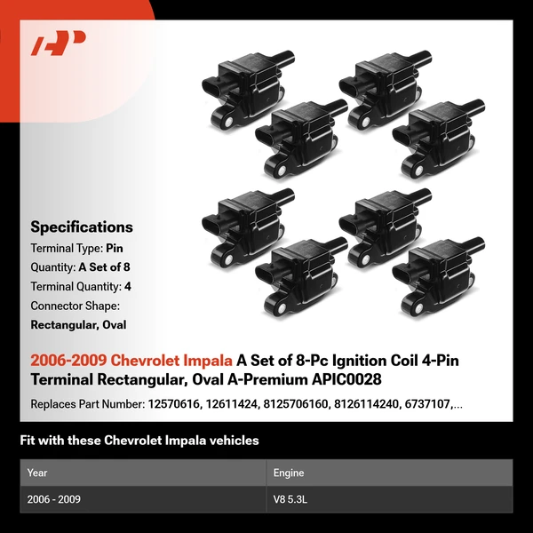 2006-2009 Chevrolet Impala A Set of 8-Pc Ignition Coil 4-Pin Terminal Rectangular, Oval A-Premium APIC0028