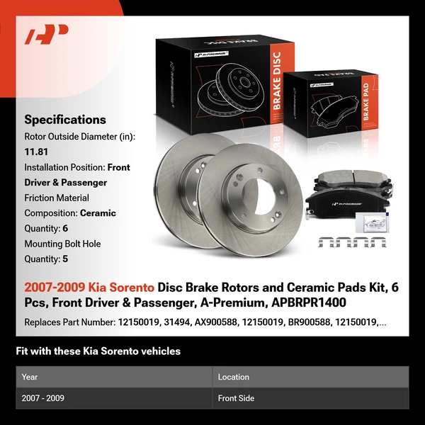 2007-2009 Kia Sorento Disc Brake Rotors and Ceramic Pads Kit, 6 Pcs, Front Driver & Passenger, A-Premium, APBRPR1400