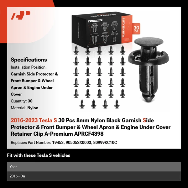 2016-2023 Tesla S 30 Pcs 8mm Nylon Black Garnish Side Protector & Front Bumper & Wheel Apron & Engine Under Cover Retainer Clip A-Premium APRCF4398
